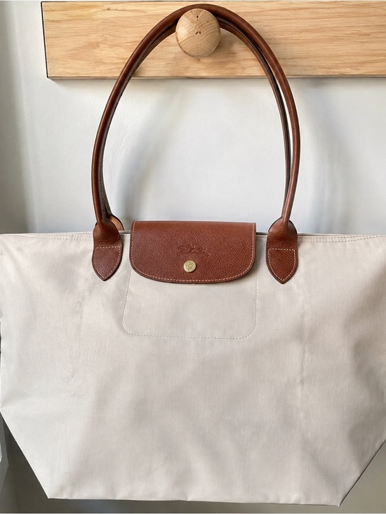 Longchamp Handbags - Longchamp Cream Canvas Tote with Brown Leather Trim
